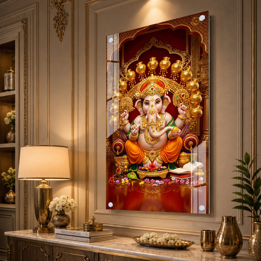 Premium Acrylic Painting of Lord Ganesha with Golden Kalash | Spiritual Wall Artwork