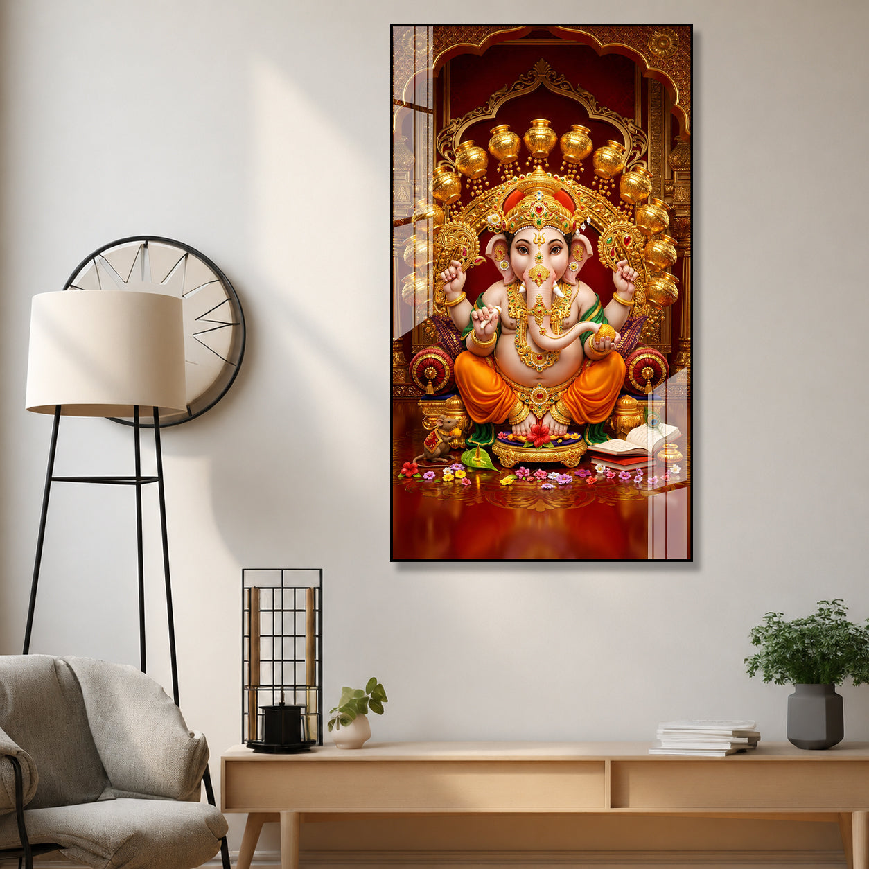 Premium Acrylic Painting of Lord Ganesha with Golden Kalash | Spiritual Wall Artwork