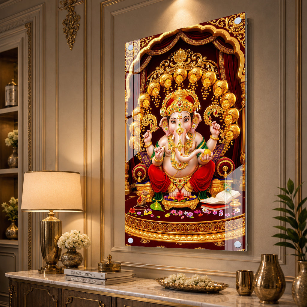 Divine Ganesh Ji Acrylic Glass Wall Art Painting - Traditional Indian Festival Gift & Pooja Room Decor