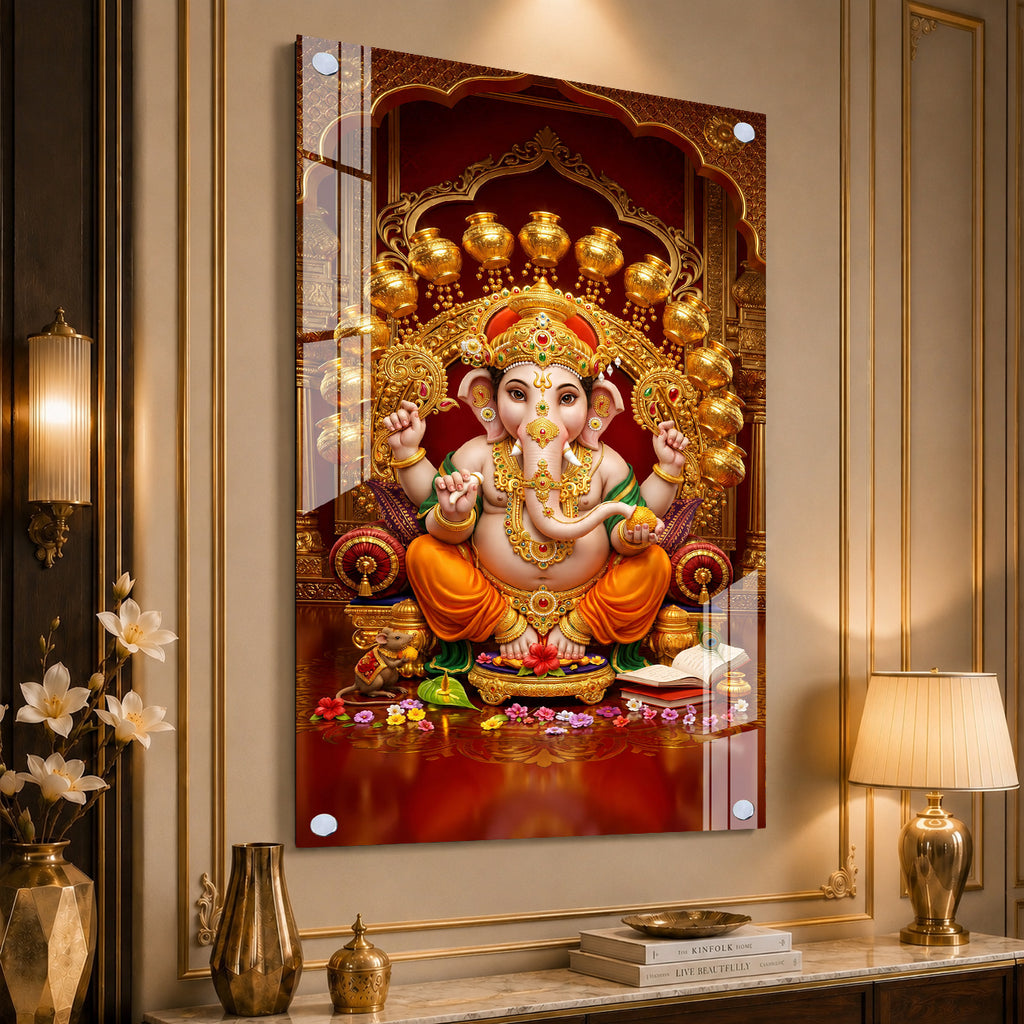 Divine Ganesh Ji Acrylic Glass Wall Art Painting - Traditional Indian Festival Gift & Pooja Room Decor