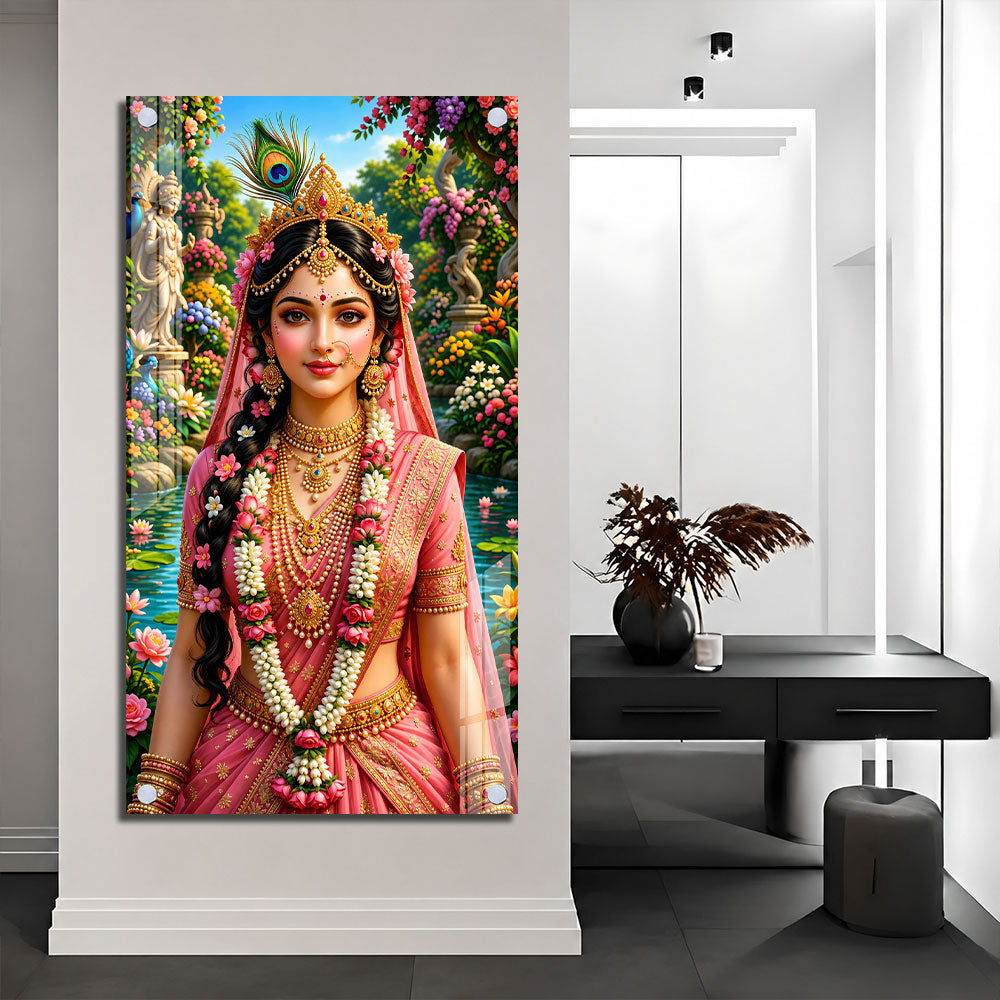 Shree Radha Ji with Peacock Feather Premium Acrylic Wall Art for Home Temple