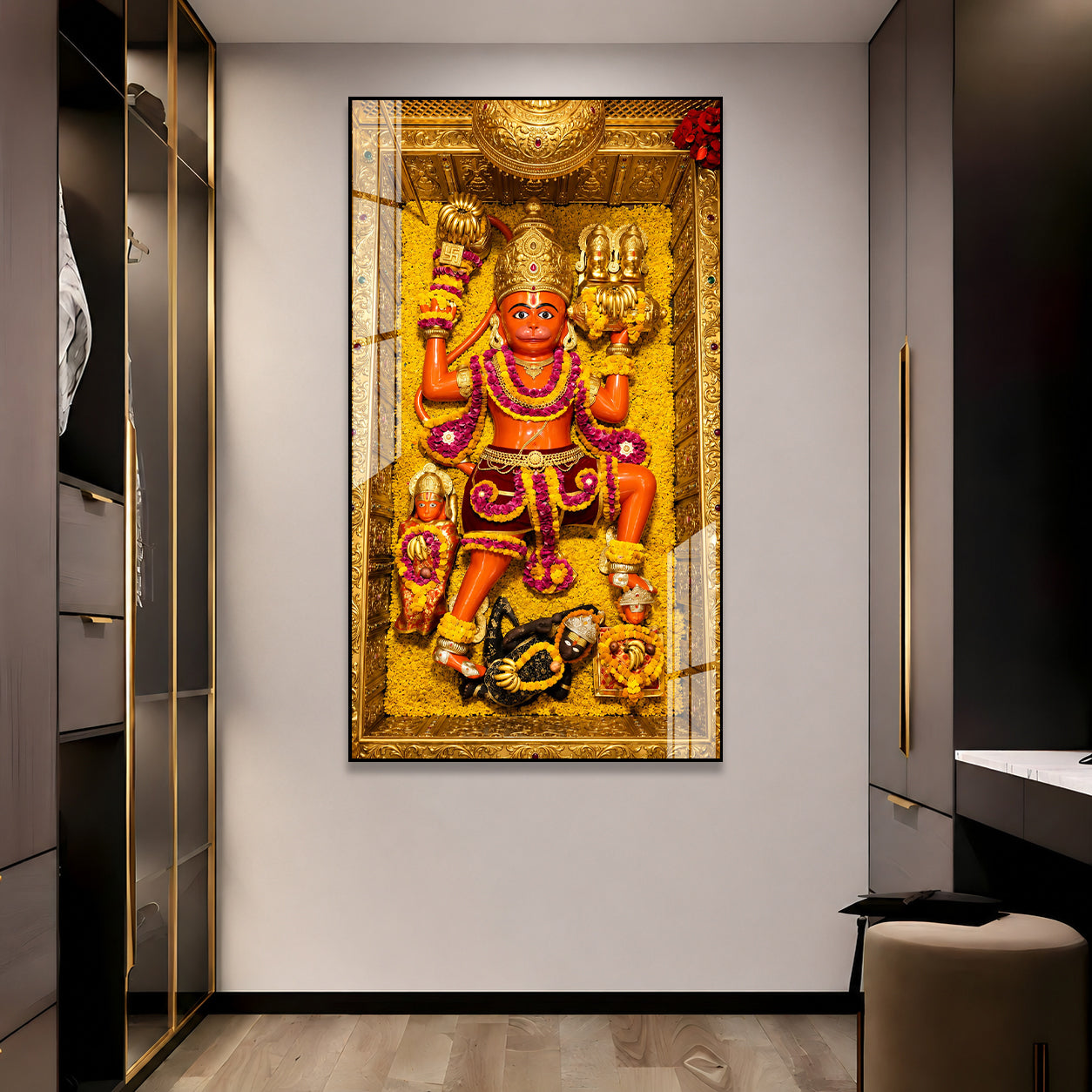 Divine Bajrangbali Hanuman Acrylic Painting with Golden Floral Temple Background Wall Art