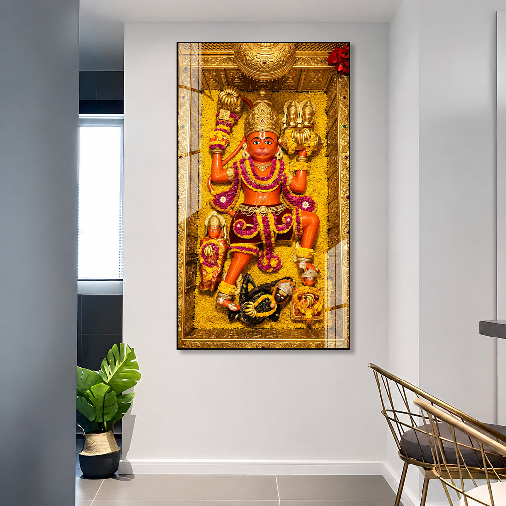Divine Bajrangbali Hanuman Acrylic Painting with Golden Floral Temple Background Wall Art