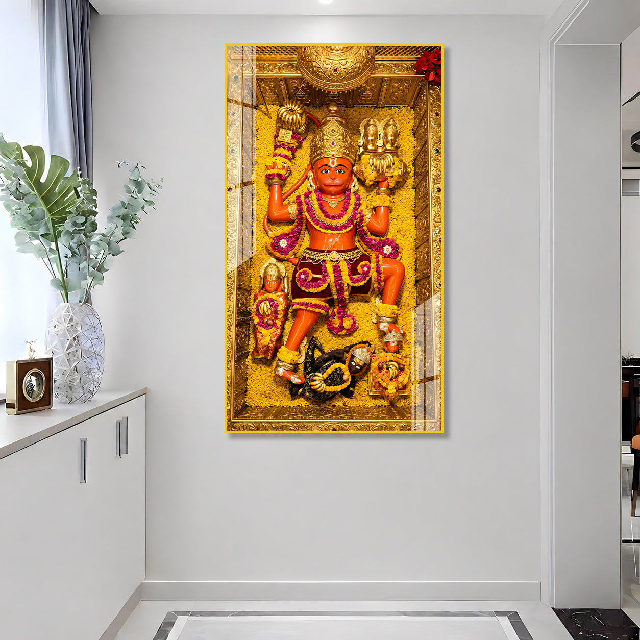 Divine Bajrangbali Hanuman Acrylic Painting with Golden Floral Temple Background Wall Art