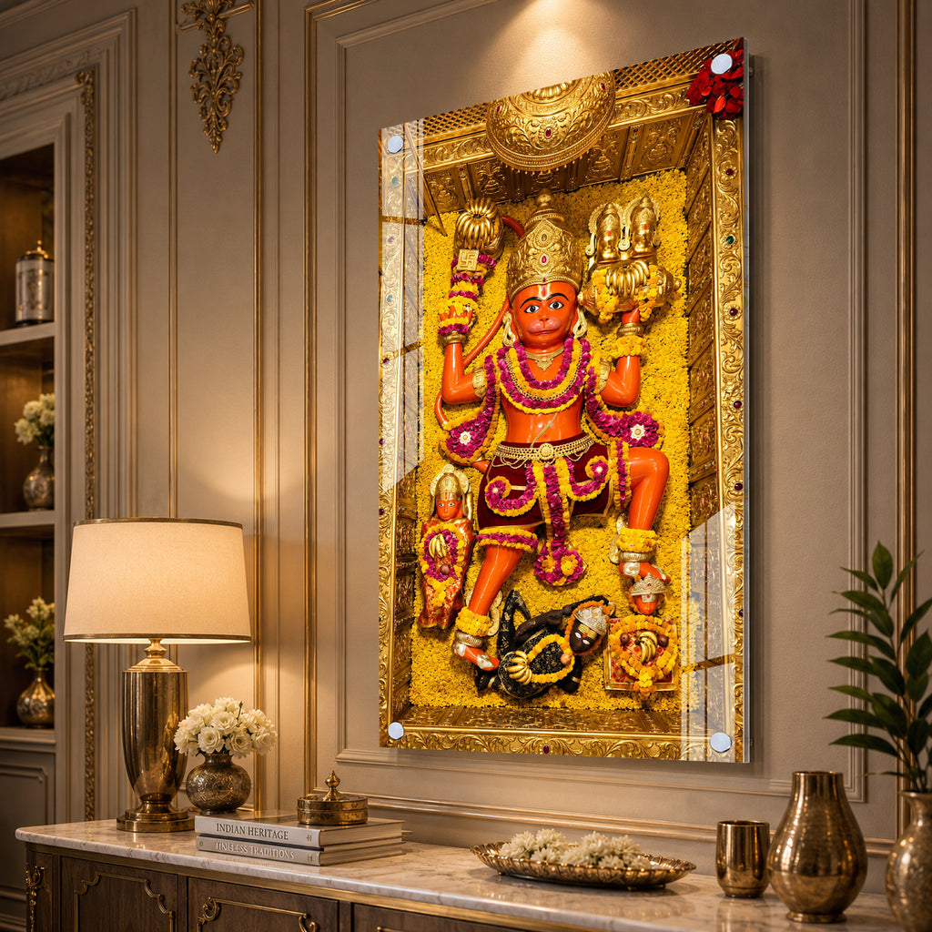 Divine Bajrangbali Hanuman Acrylic Painting with Golden Floral Temple Background Wall Art