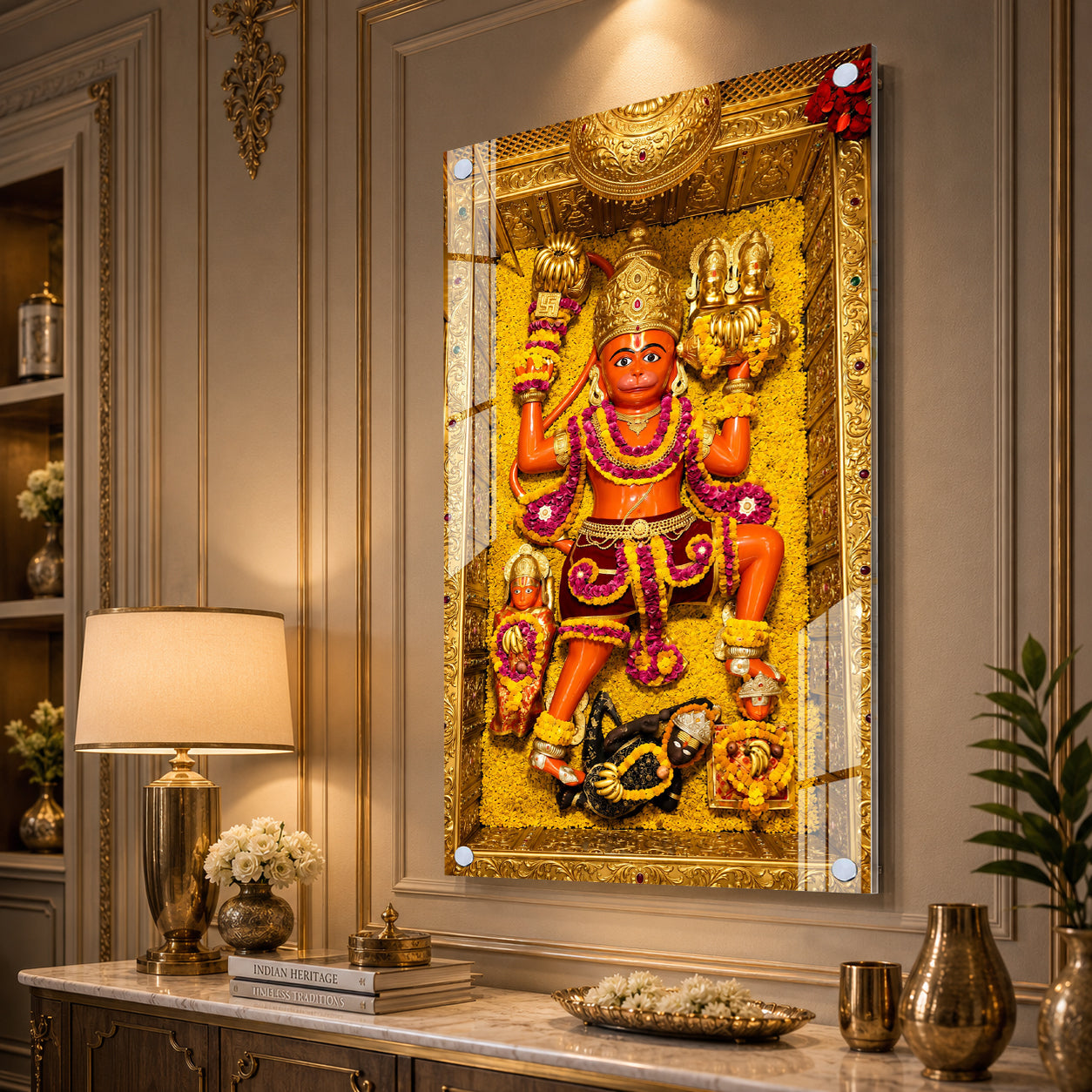 Divine Bajrangbali Hanuman Acrylic Painting with Golden Floral Temple Background Wall Art
