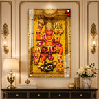 Divine Bajrangbali Hanuman Acrylic Painting with Golden Floral Temple Background Wall Art