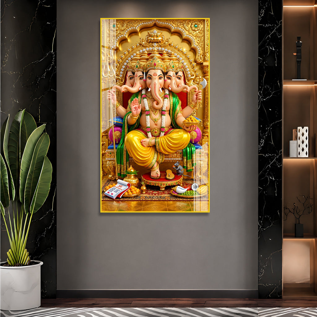 Premium Panchmukhi Ganesh Acrylic Painting with Golden Throne for Hindu Home Temple