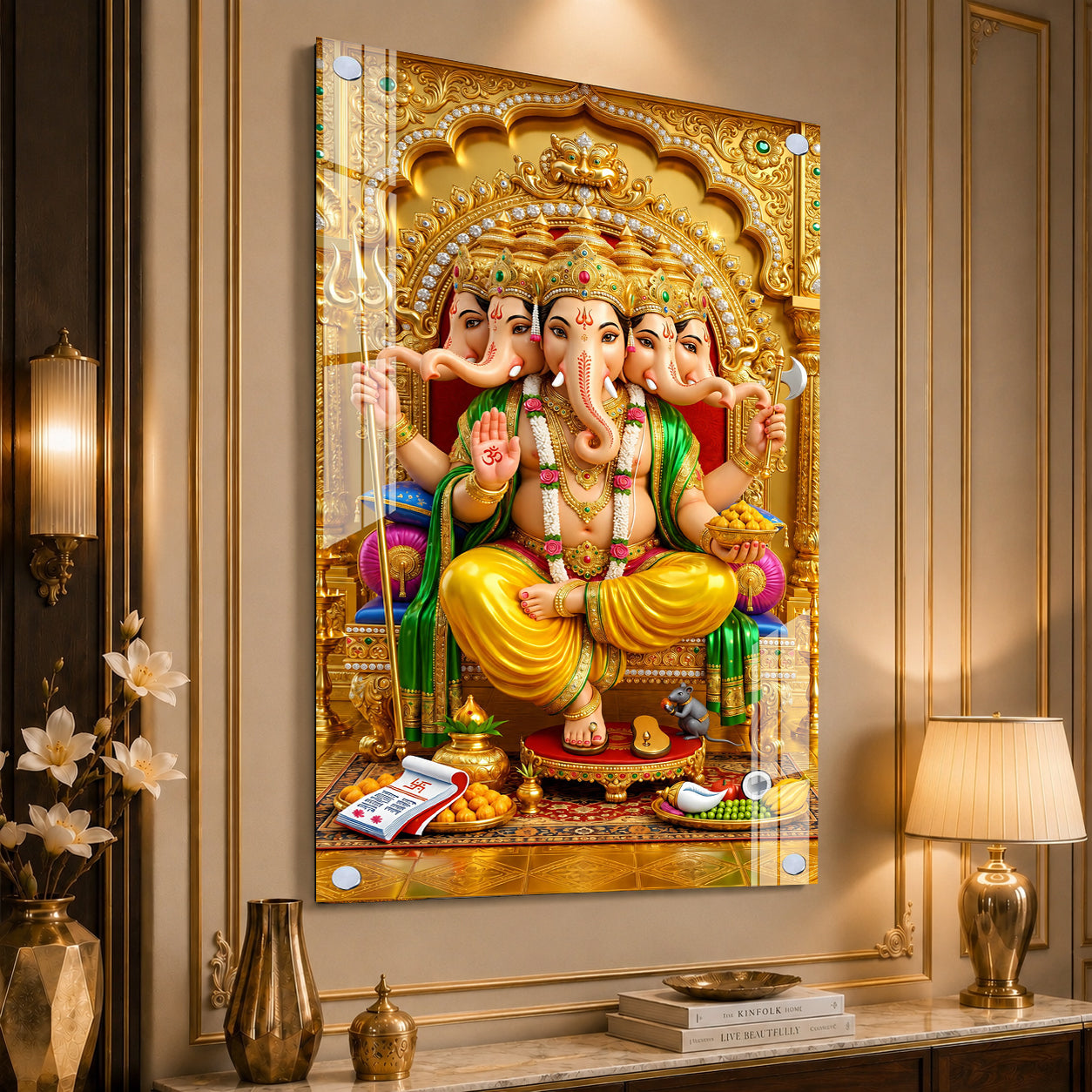 Premium Panchmukhi Ganesh Acrylic Painting with Golden Throne for Hindu Home Temple