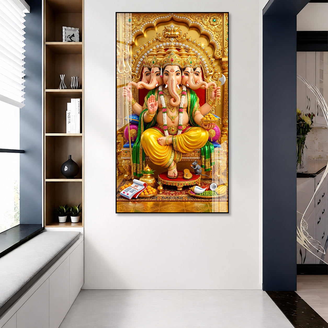 Premium Panchmukhi Ganesh Acrylic Painting with Golden Throne for Hindu Home Temple