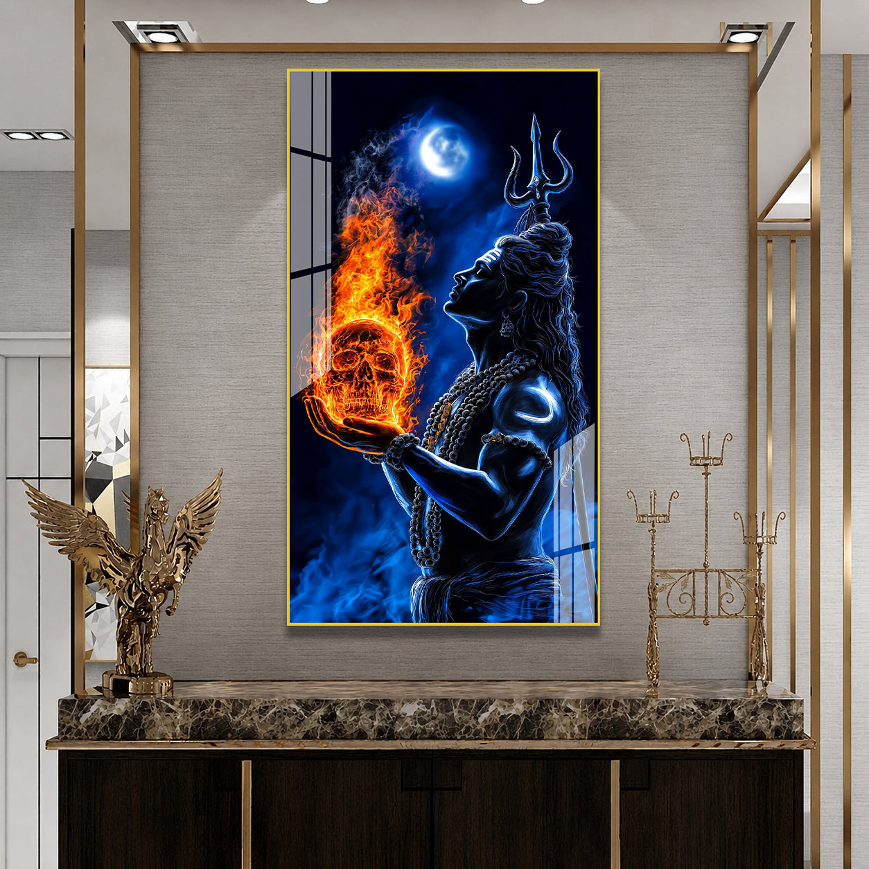 Modern Mahadev Acrylic Wall Painting with Trishul for Spiritual Home Decor