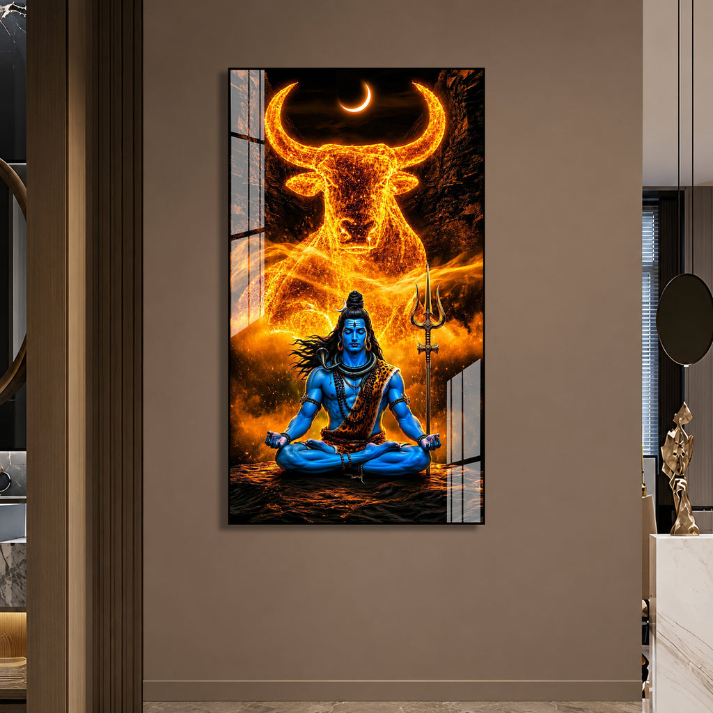 Premium Mahadev Meditation Acrylic Wall Painting with Trident for Religious Home Decor