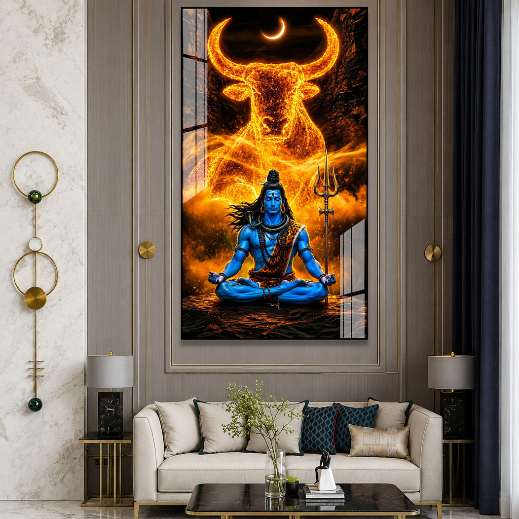 Premium Mahadev Meditation Acrylic Wall Painting with Trident for Religious Home Decor
