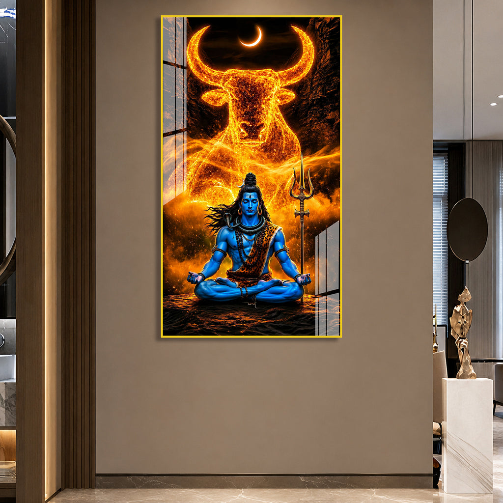 Premium Mahadev Meditation Acrylic Wall Painting with Trident for Religious Home Decor