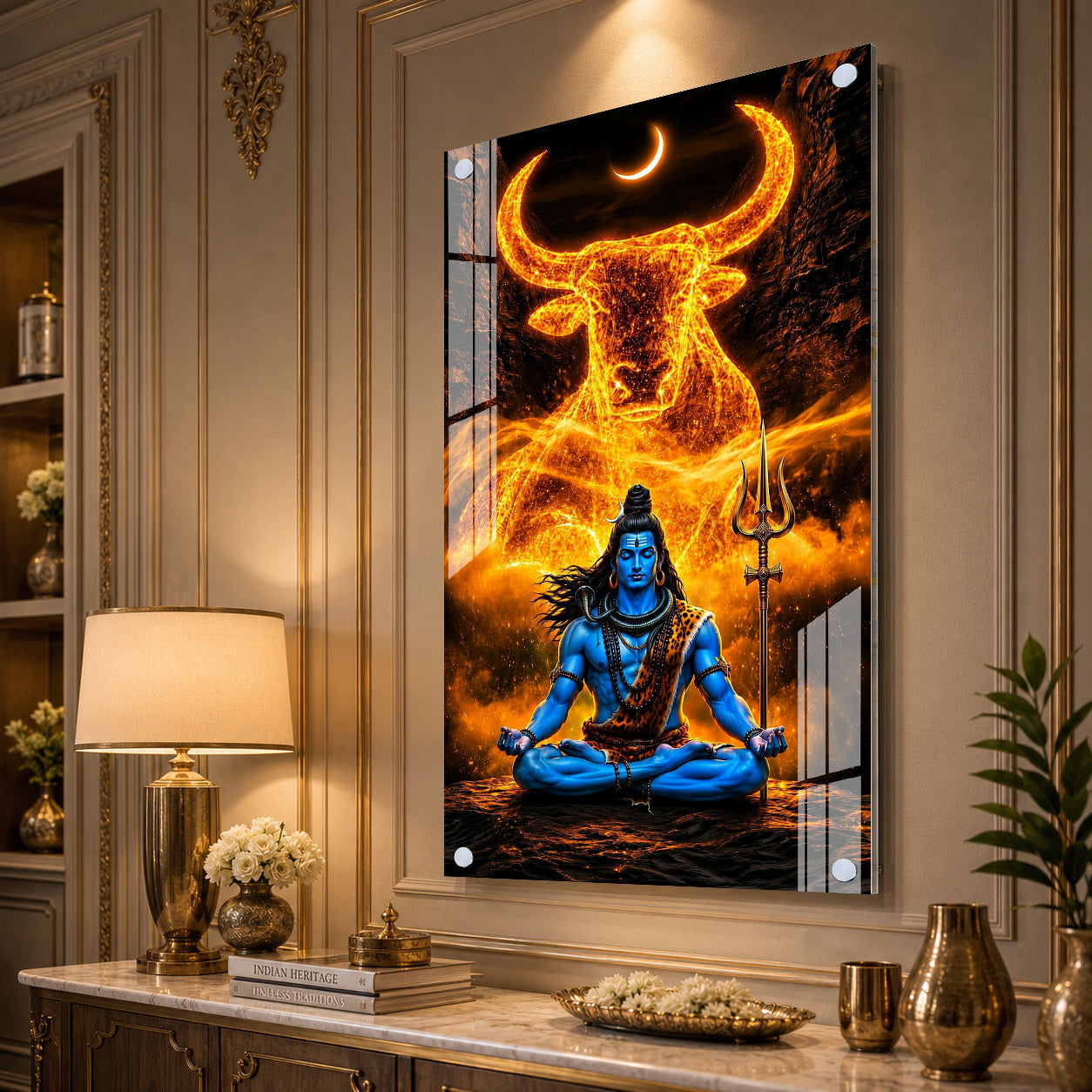 Premium Mahadev Meditation Acrylic Wall Painting with Trident for Religious Home Decor