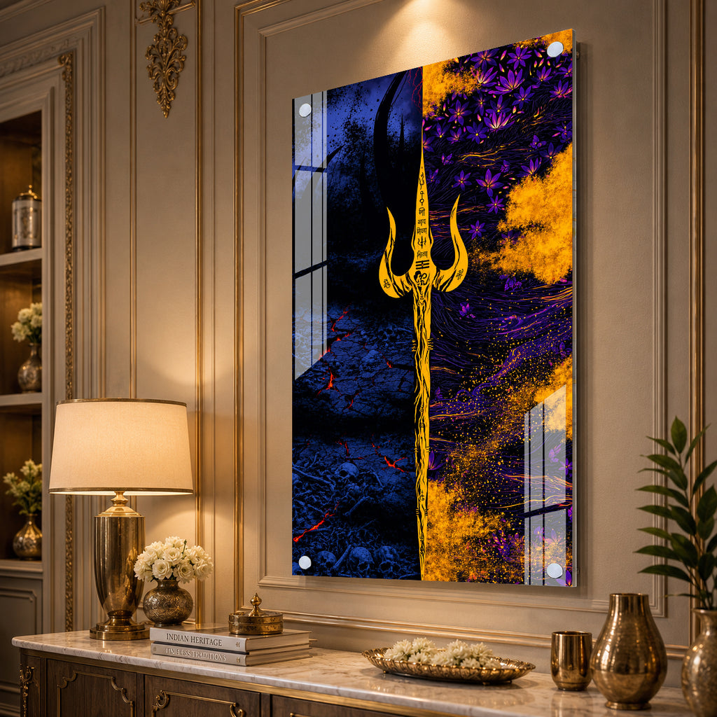 Luxury Lord Shiva Trishul Spiritual Acrylic Glass Painting for Modern Home Decor
