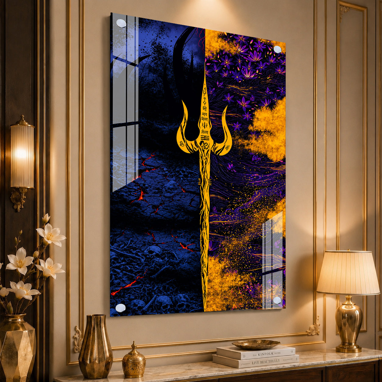 Luxury Lord Shiva Trishul Spiritual Acrylic Glass Painting for Modern Home Decor