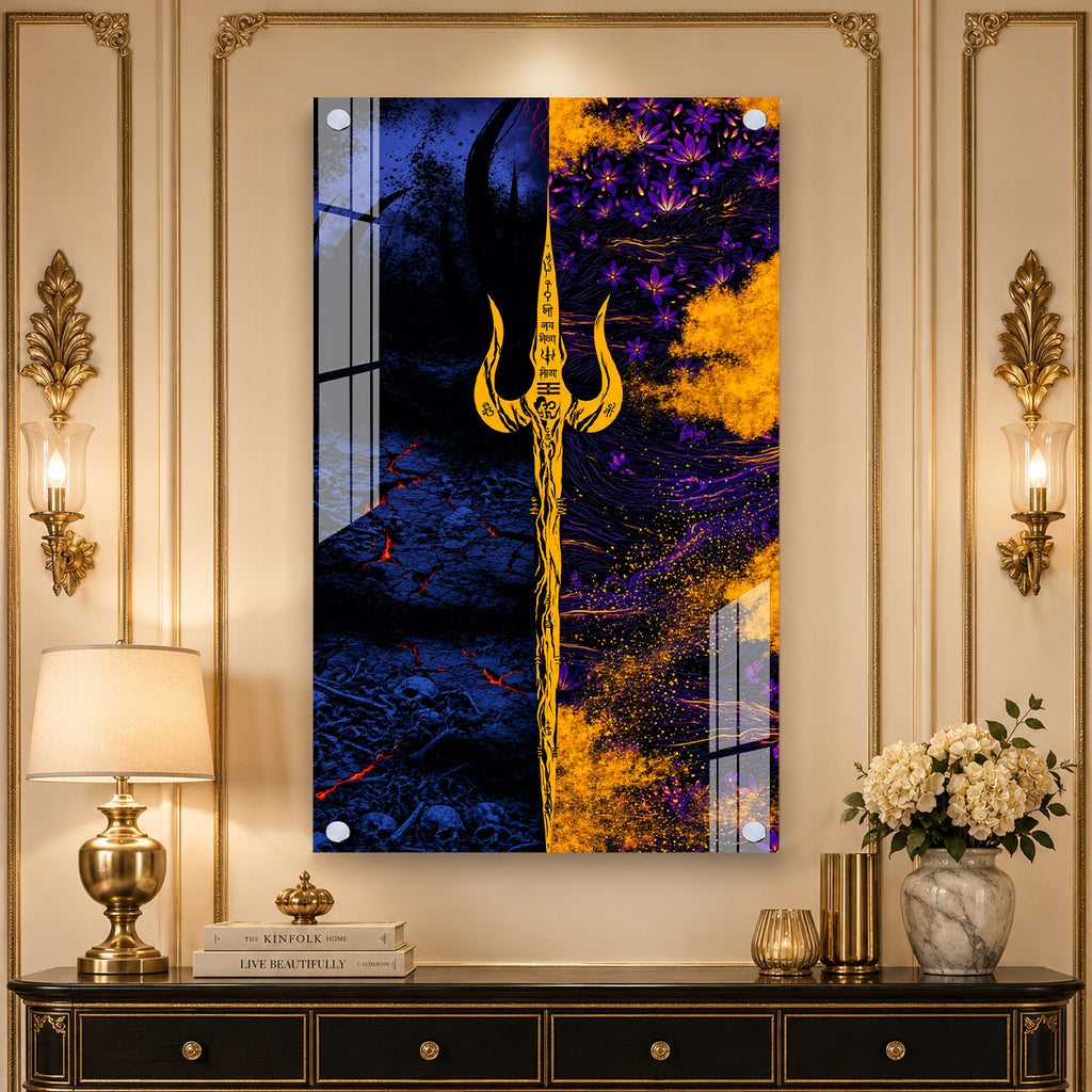 Luxury Lord Shiva Trishul Spiritual Acrylic Glass Painting for Modern Home Decor