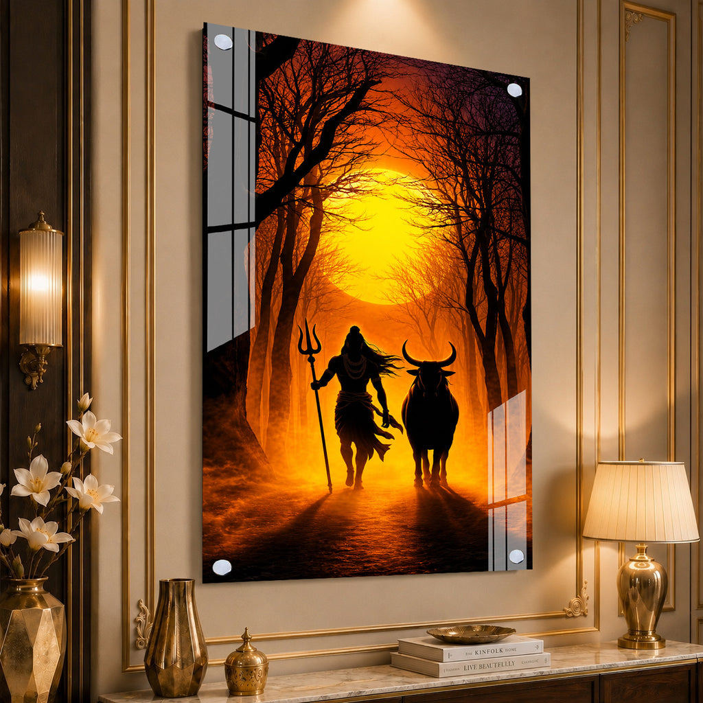 Mystical Mahadev with Nandi Bull Devotional Acrylic Wall Painting for Modern Home Interior Decor