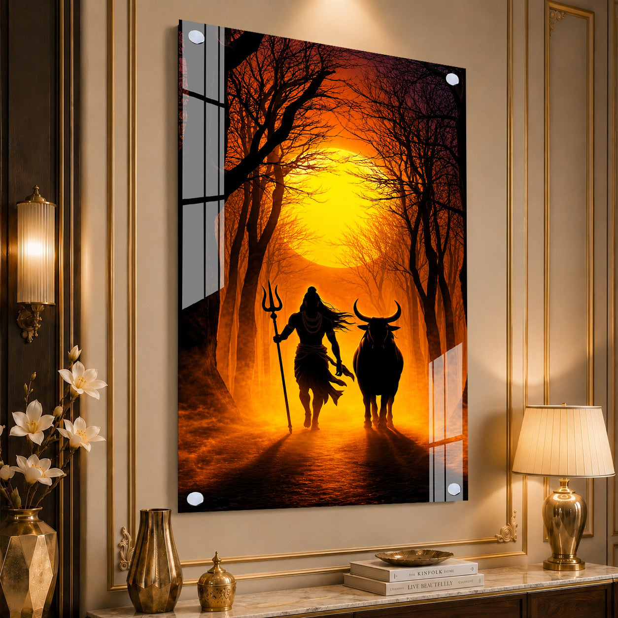 Mystical Mahadev with Nandi Bull Devotional Acrylic Wall Painting for Modern Home Interior Decor