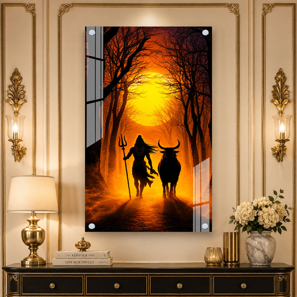 Mystical Mahadev with Nandi Bull Devotional Acrylic Wall Painting for Modern Home Interior Decor