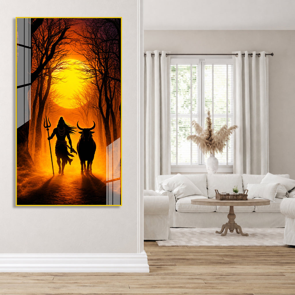 Mystical Mahadev with Nandi Bull Devotional Acrylic Wall Painting for Modern Home Interior Decor