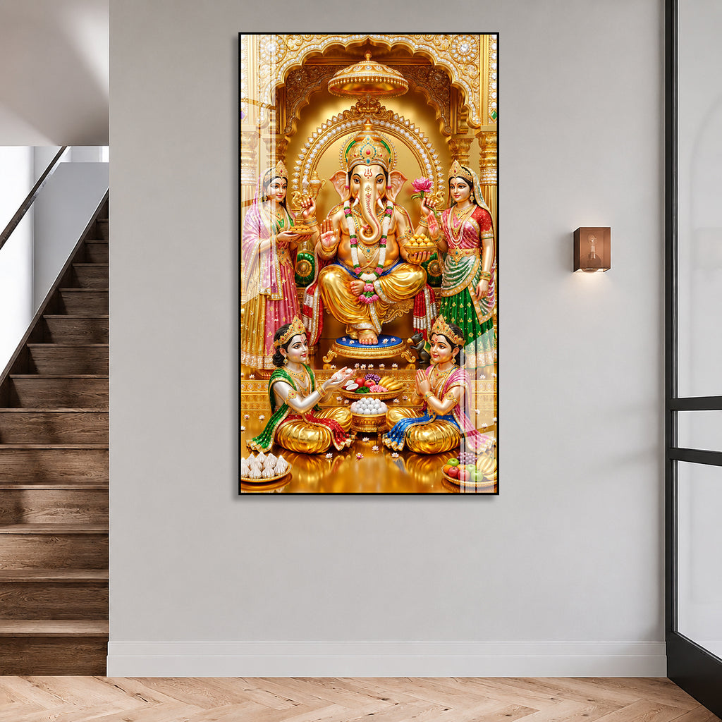 Golden Ganesh Ji Religious Acrylic Wall Art for Home Temple, Office, Hall and Vastu Decor