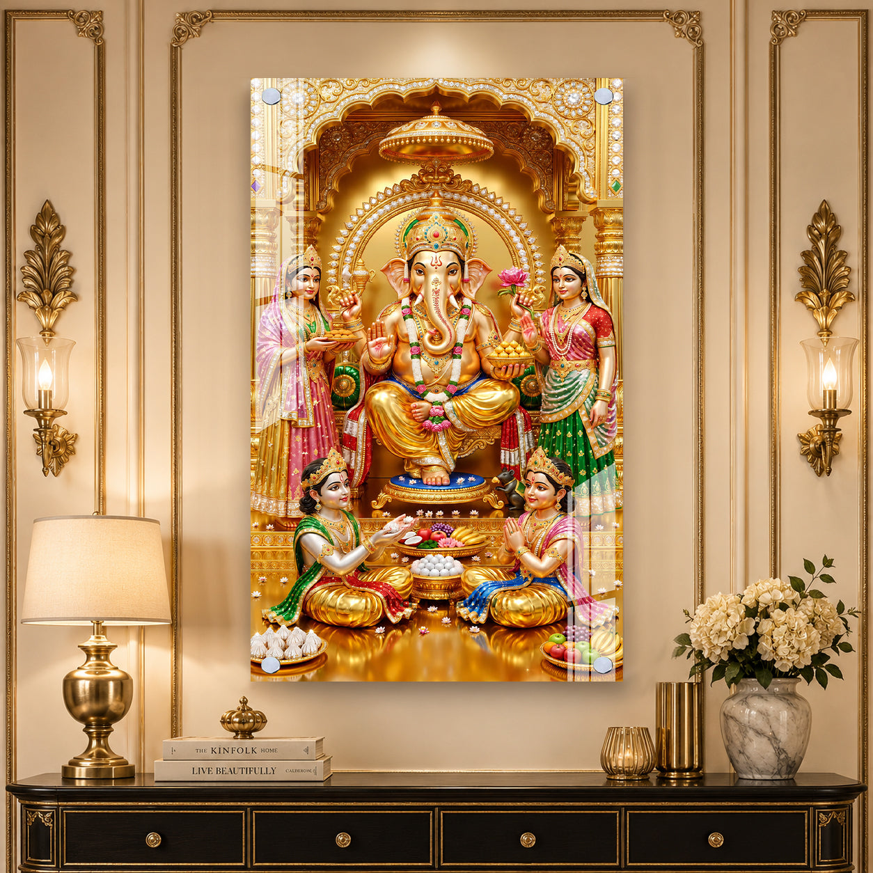 Golden Ganesh Ji Religious Acrylic Wall Art for Home Temple, Office, Hall and Vastu Decor