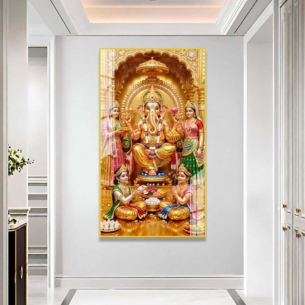 Golden Ganesh Ji Religious Acrylic Wall Art for Home Temple, Office, Hall and Vastu Decor