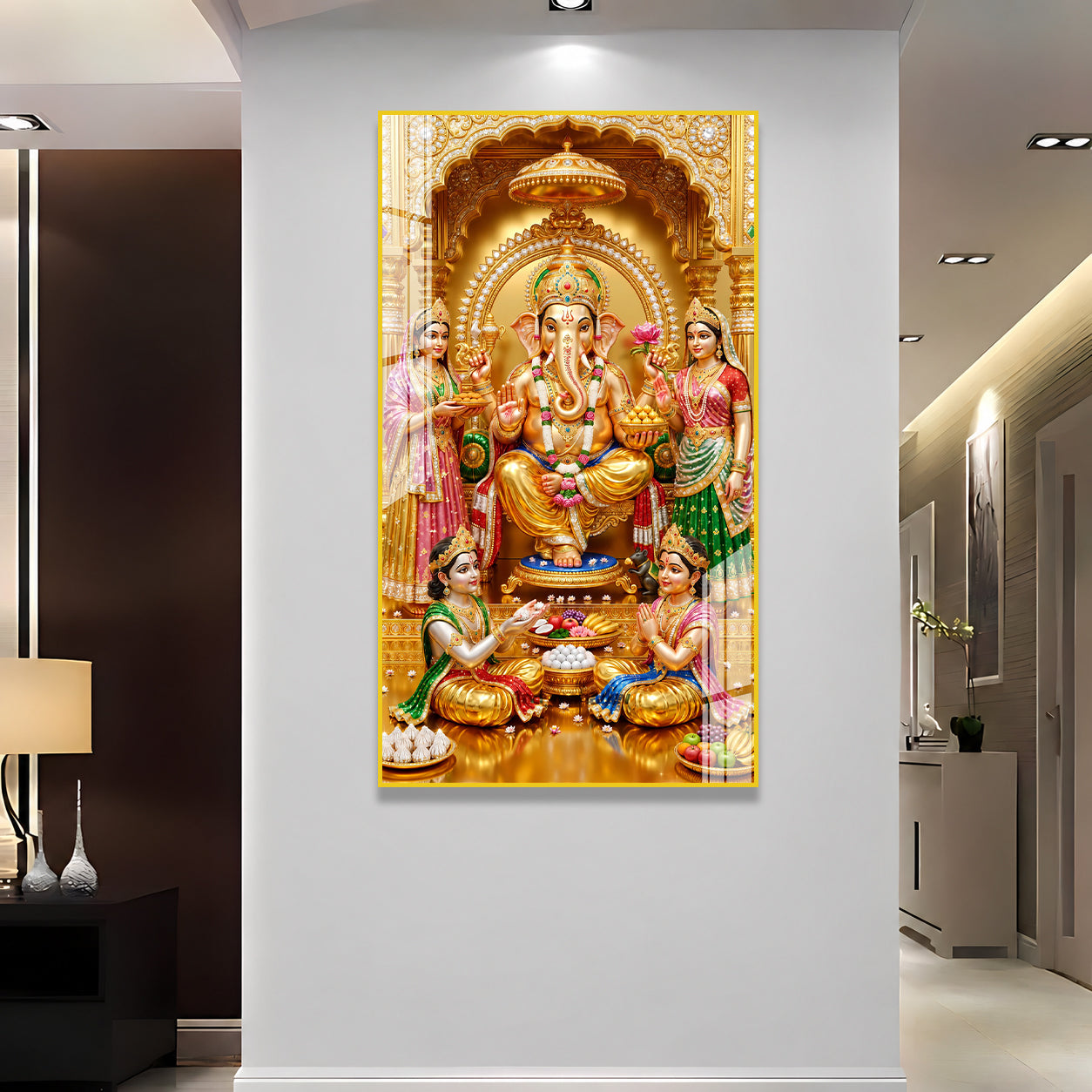 Golden Ganesh Ji Religious Acrylic Wall Art for Home Temple, Office, Hall and Vastu Decor