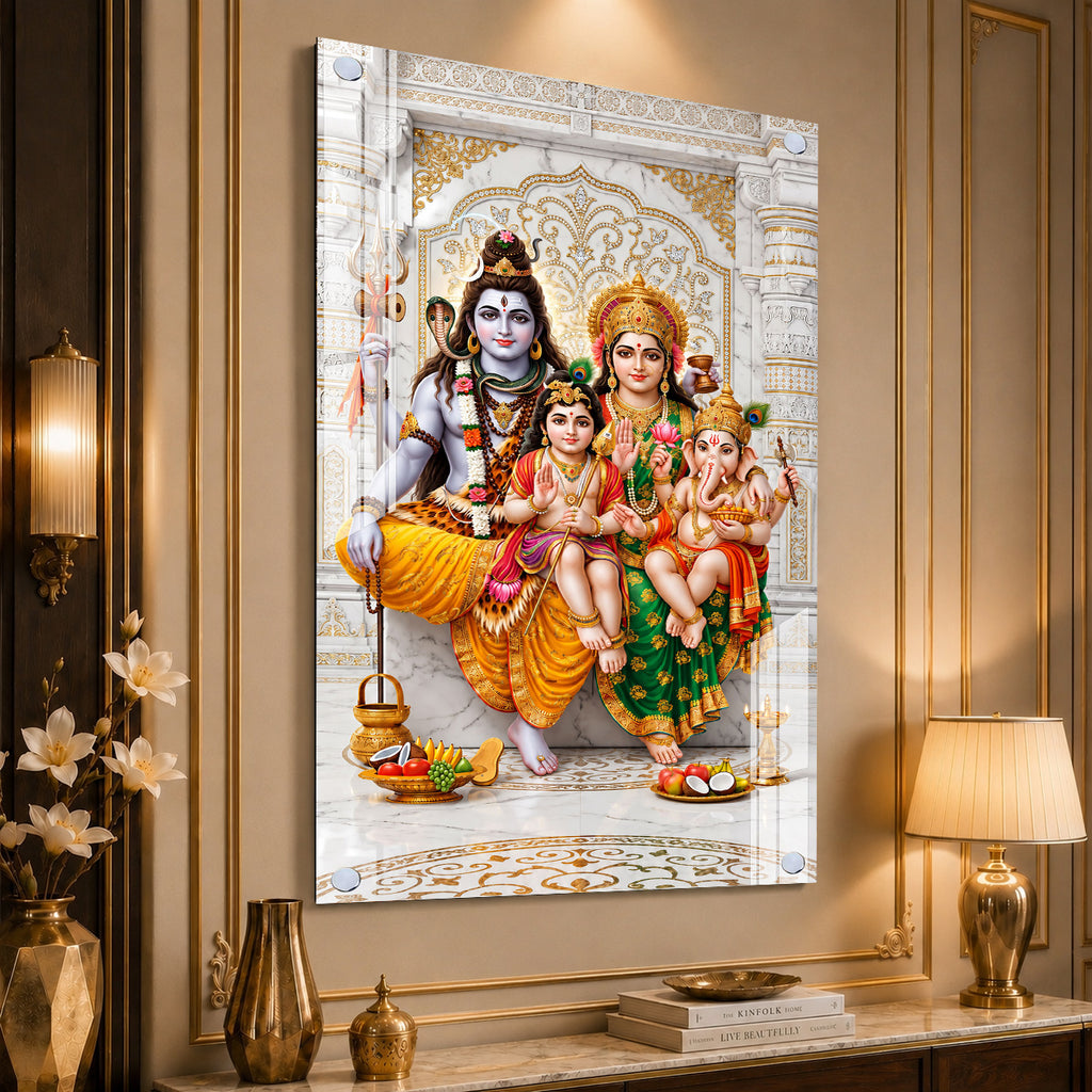 Lord Shiva Family Acrylic Glass Wall Art Featuring Parvati, Ganesha and Kartikeya for Home Temple Decoration