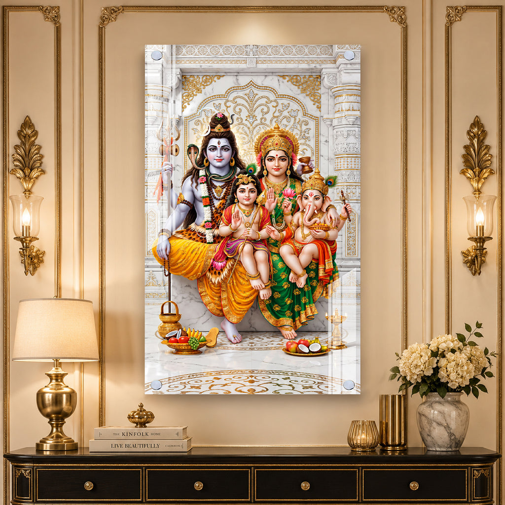 Lord Shiva Family Acrylic Glass Wall Art Featuring Parvati, Ganesha and Kartikeya for Home Temple Decoration