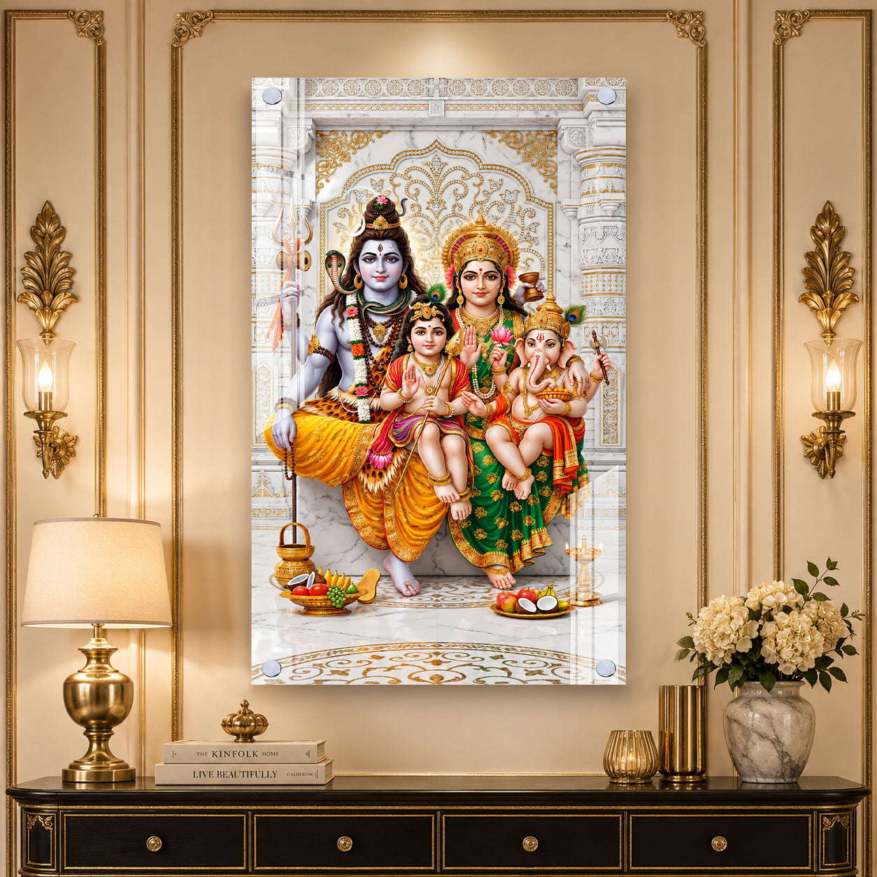Lord Shiva Family Acrylic Glass Wall Art Featuring Parvati, Ganesha and Kartikeya for Home Temple Decoration