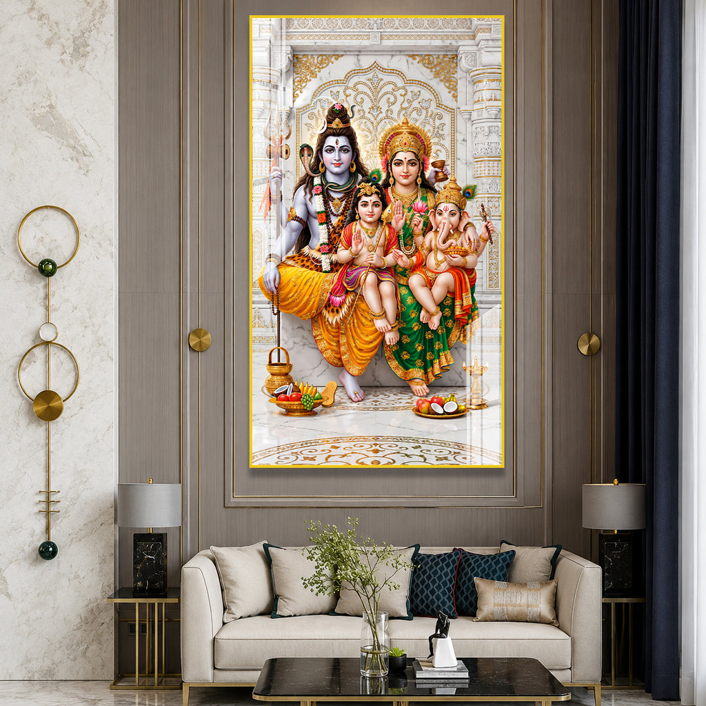 Lord Shiva Family Acrylic Glass Wall Art Featuring Parvati, Ganesha and Kartikeya for Home Temple Decoration