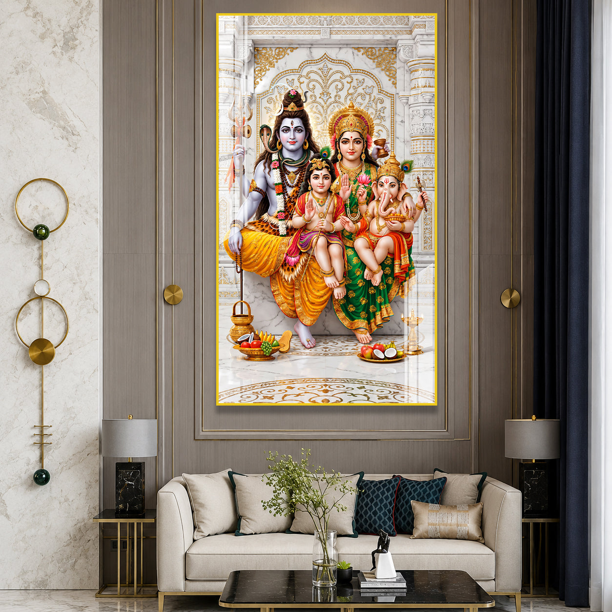 Lord Shiva Family Acrylic Glass Wall Art Featuring Parvati, Ganesha and Kartikeya for Home Temple Decoration