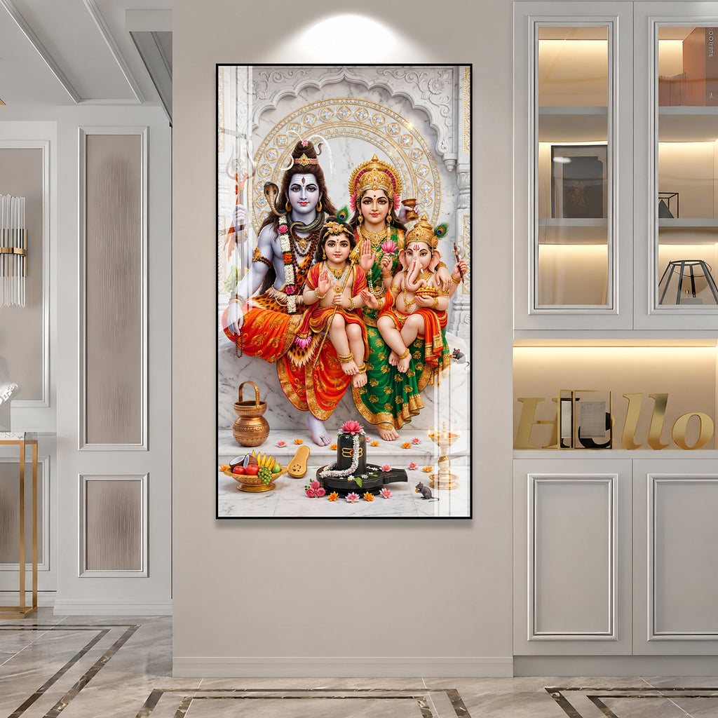 Elegant Lord Shiva Family with Shivling Devotional Acrylic Painting for Hindu Home Temple Decoration