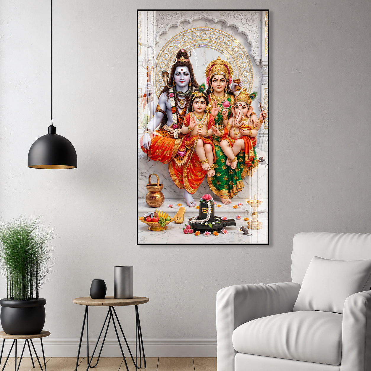 Elegant Lord Shiva Family with Shivling Devotional Acrylic Painting for Hindu Home Temple Decoration