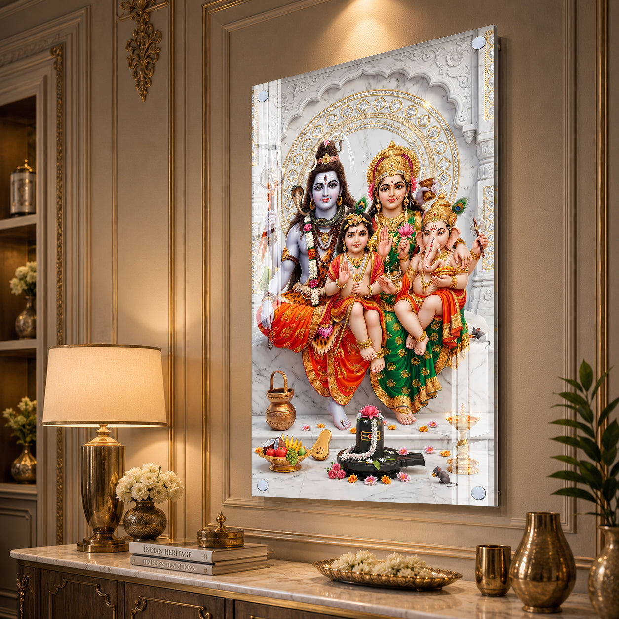 Elegant Lord Shiva Family with Shivling Devotional Acrylic Painting for Hindu Home Temple Decoration