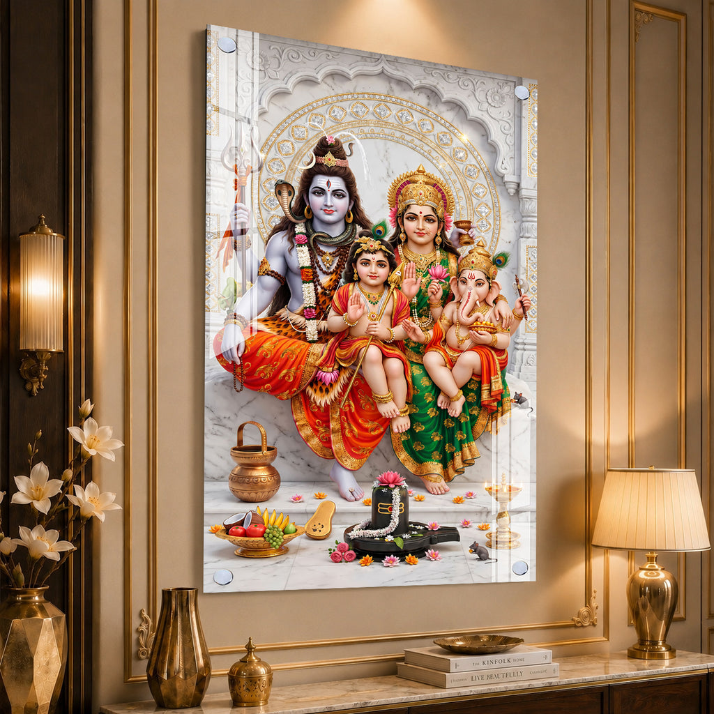 Elegant Lord Shiva Family with Shivling Devotional Acrylic Painting for Hindu Home Temple Decoration