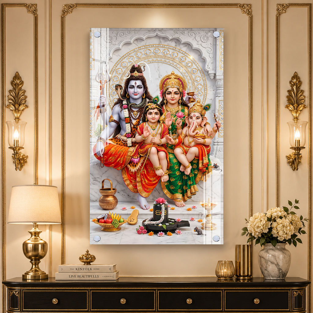 Elegant Lord Shiva Family with Shivling Devotional Acrylic Painting for Hindu Home Temple Decoration