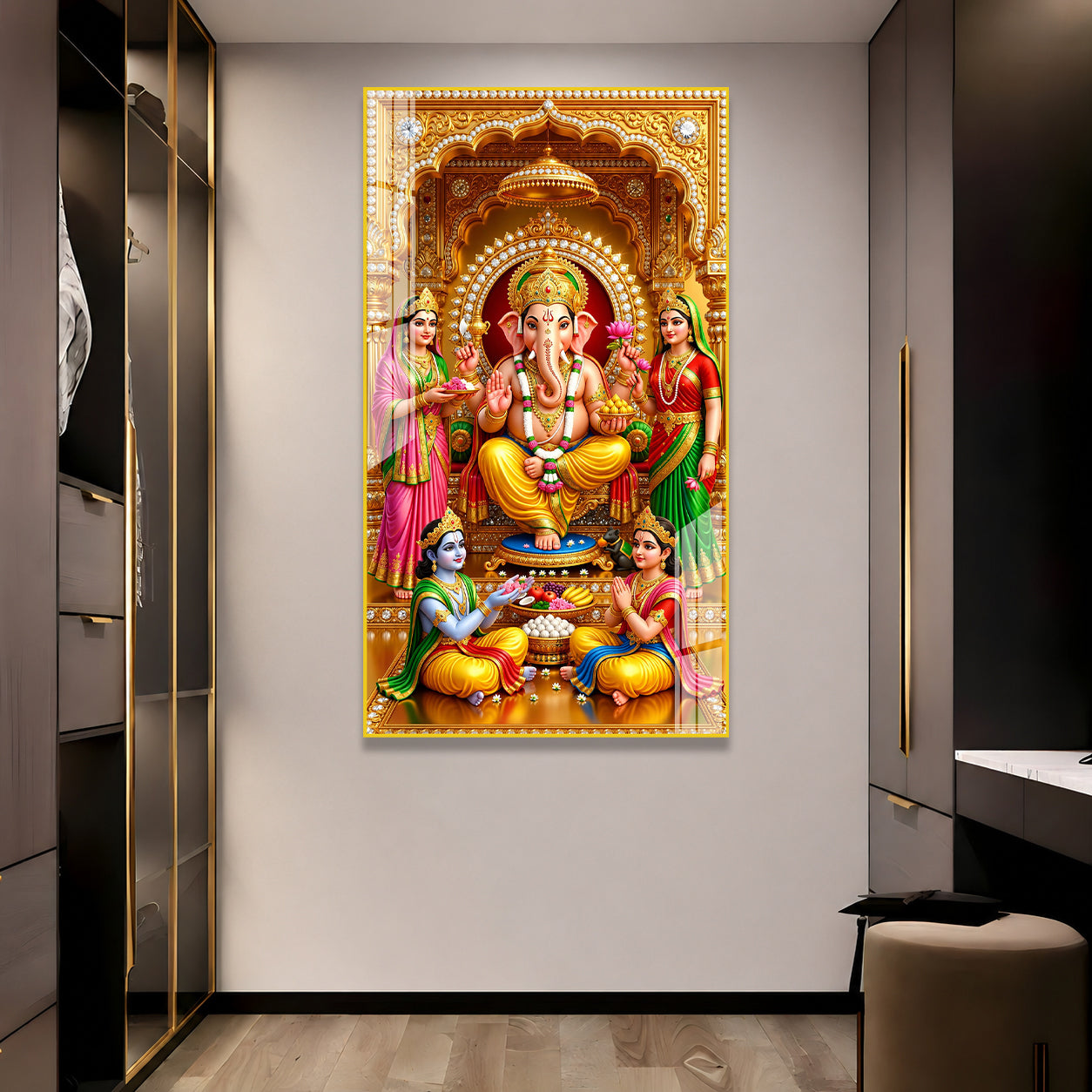 Spiritual Lord Ganesha Family Premium Acrylic Painting for Luxury Religious Wall Decor