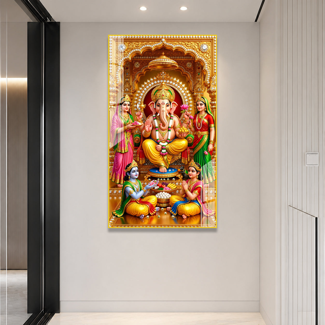 Spiritual Lord Ganesha Family Premium Acrylic Painting for Luxury Religious Wall Decor
