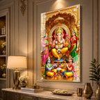 Spiritual Lord Ganesha Family Premium Acrylic Painting for Luxury Religious Wall Decor