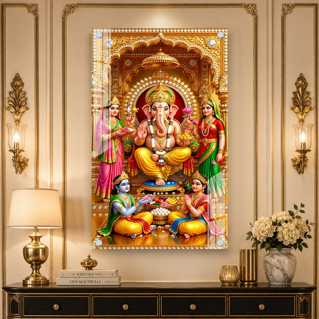 Spiritual Lord Ganesha Family Premium Acrylic Painting for Luxury Religious Wall Decor