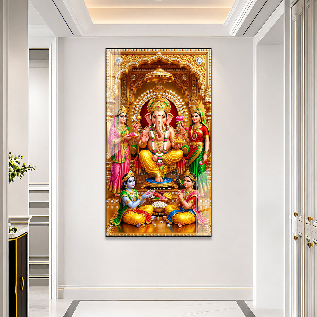 Spiritual Lord Ganesha Family Premium Acrylic Painting for Luxury Religious Wall Decor
