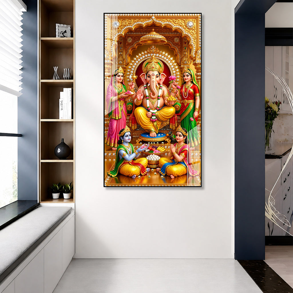 Spiritual Lord Ganesha Family Premium Acrylic Painting for Luxury Religious Wall Decor