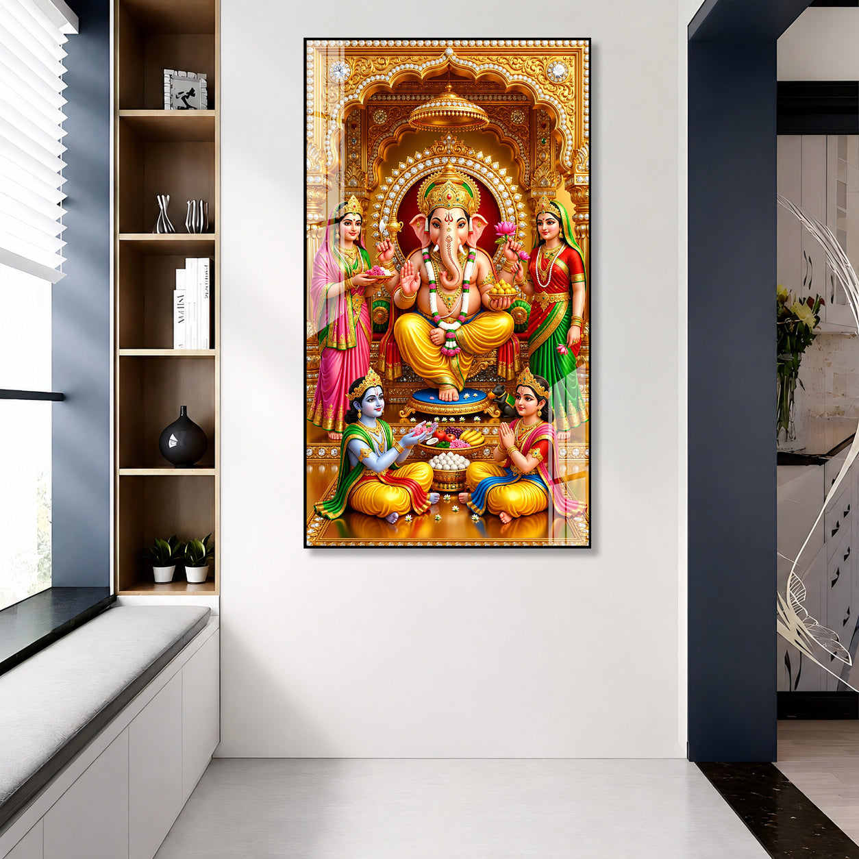Spiritual Lord Ganesha Family Premium Acrylic Painting for Luxury Religious Wall Decor