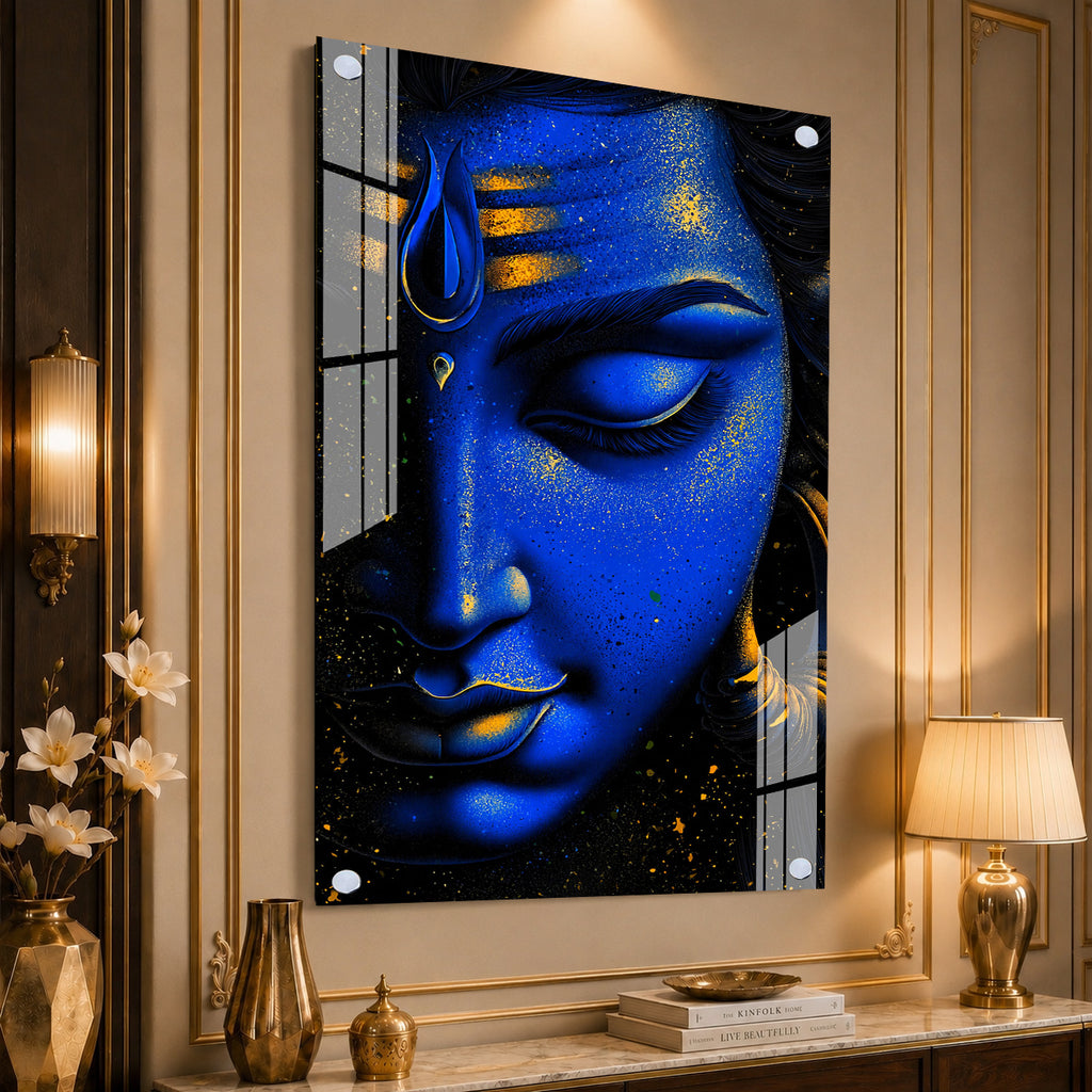 Elegant Lord Shiva Close Up Portrait Acrylic Painting for Meditation and Yoga Space