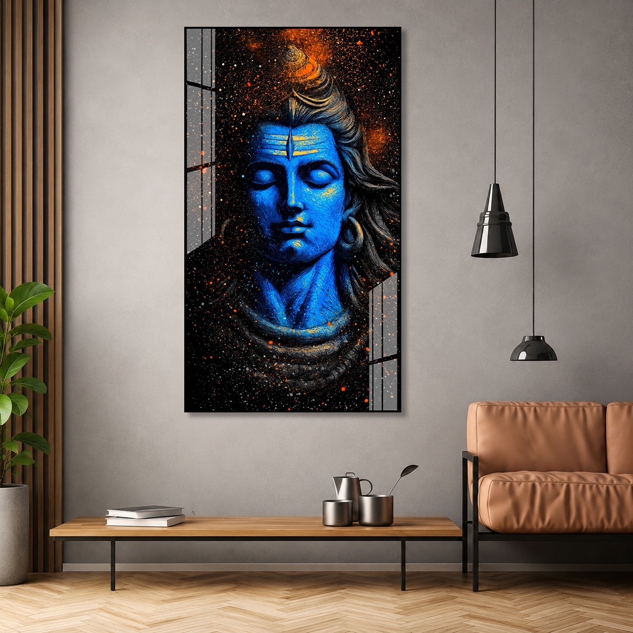 Lord Shiva Abstract Blue Portrait Acrylic Wall Painting for Living Room Spiritual Decor