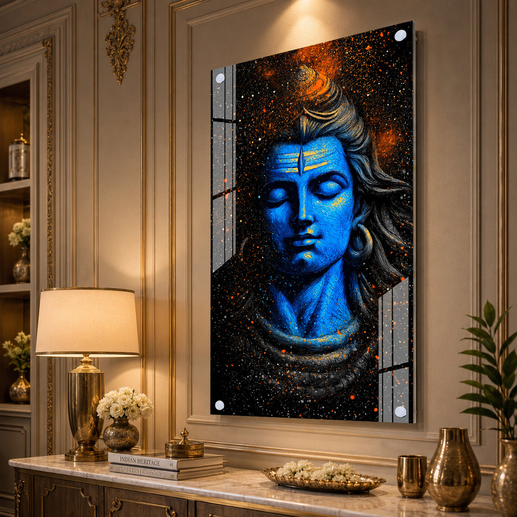 Lord Shiva Abstract Blue Portrait Acrylic Wall Painting for Living Room Spiritual Decor